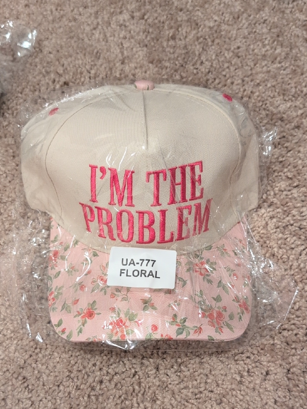 Zenana Outfitters Beige and Pink Floral "I'm The Problem" Baseball Cap